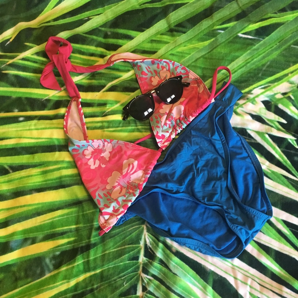 Pink tropical floral bikini halter top